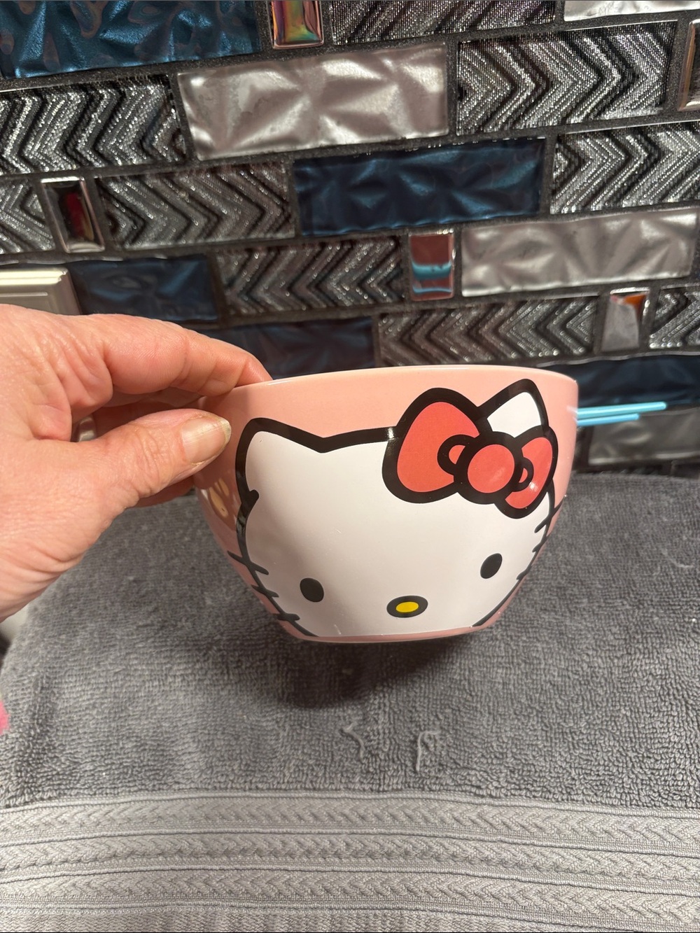 Hello Kitty Pink Bowl with Red Bow and White Face